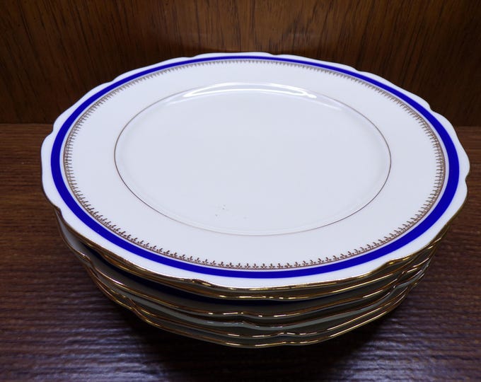 2506 Celebrate Fine Porcelain 8.5" Plates Set of 6 - Gold Rim & Trim w/ Blue Stripe Made in Czechoslovakia - Great Condition