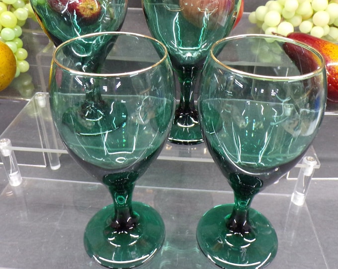 2304 Libbey Glass 7" Juniper Green Teardrop Set of 4 Stemmed Footed Glasses with Gold Rim - Good Condition No Chips or Cracks