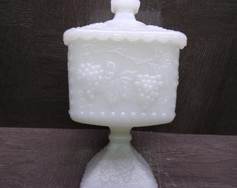 2605 Anchor Hocking Grape Harvest Milk Glass 4" Square 7.5" Tall Footed Candy Dish w/ Lid