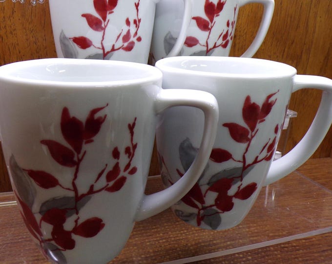 2506 Corelle Coordinates Kyoto Leaves Red & Gray 12 oz Porcelain Square Rim Coffee Mug Cup 4" Set of 4 - Great Condition