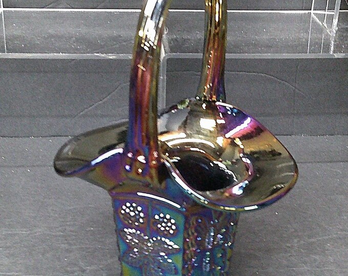 2502 Fenton Amethyst Purple Iridescent Electric Carnival Glass 7” Basket - Butterfly & Berry - Great Condition w/ Fenton Sticker