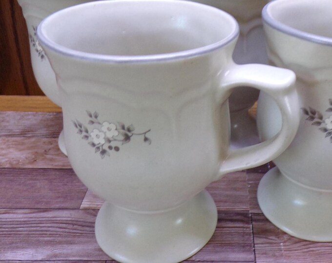 2511 Pfaltzgraff Heirloom Gray & White Floral on Gray Stoneware 5" 10 oz Footed Irish Coffee Mugs Set of 5 - Great Condition