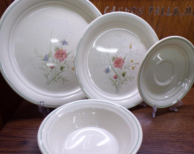 2501 Corning Cornerstone Collection Dinnerware Summer Mist Flowers Green Rim on Beige - Good Condition Light Scratches - Choose from List: