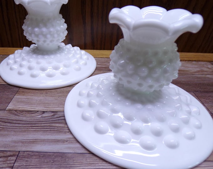 2509 Pair of Vintage Milk Glass Hobnail Taper Candle Holders - Great Condition