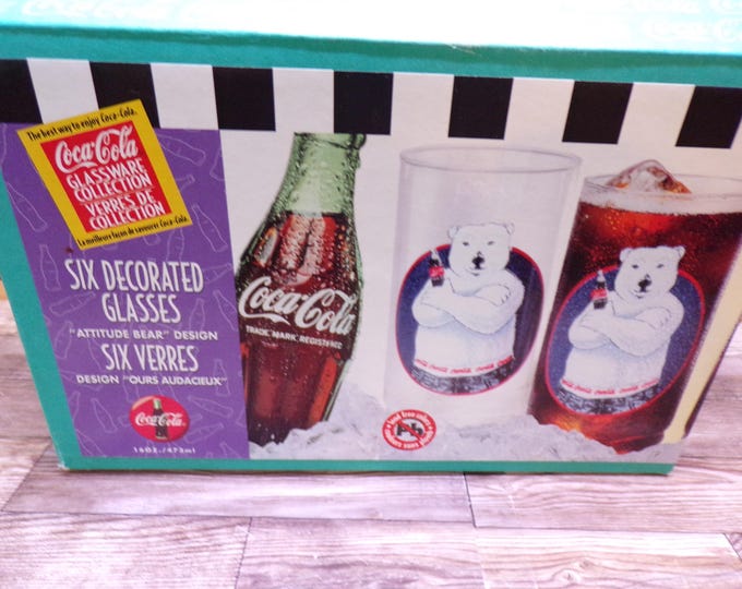 2510 Coca-Cola Coke Attitude Bear Polar Bear 6" 16 oz Tumblers Set of 6 Vintage 1997 - Great Condition