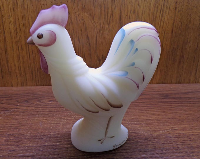 2501 Fenton Glass 5.25" Hand-Painted Satin Rooster Burgandy and Blue Trim on White - Signed C. Riggs- Great Condition