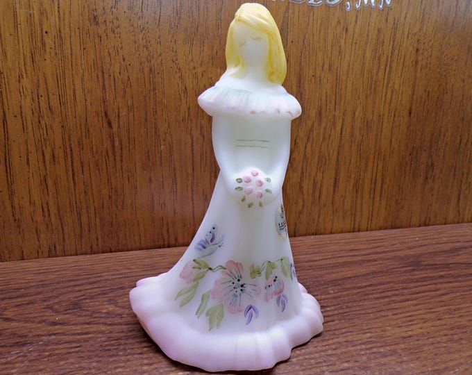 2501 Fenton Glass 7.25" Bridesmaid #1649 Hand-Painted Blonde Hair Pastel Flowers on Satin- Signed D.Hanlon & Shelley Fenton- Great Cond.
