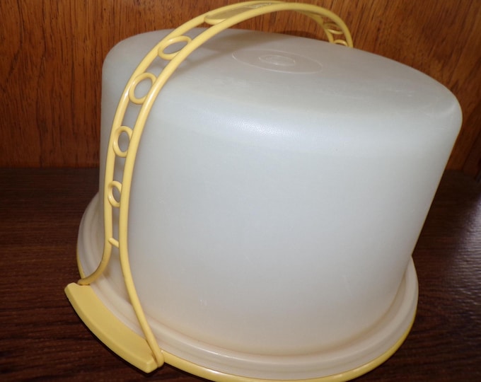 2507 Tupperware 11" Harvest Gold Vintage Cupcake, Cake, Pie Keeper Carrier & Handle with 6" Frosted Cover- Great Cond 684-2, 683-2, 624-14