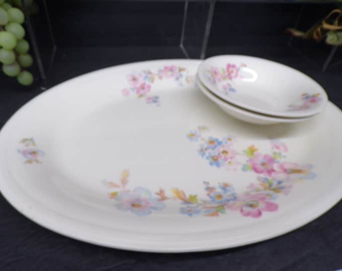 2309 Edwin M. Knowles China KNO12 Semi Vitreous Vintage - 13.75" x 10.25" Platter & (2) 5.5" Bowls - Good Condition No Chips or Cracks