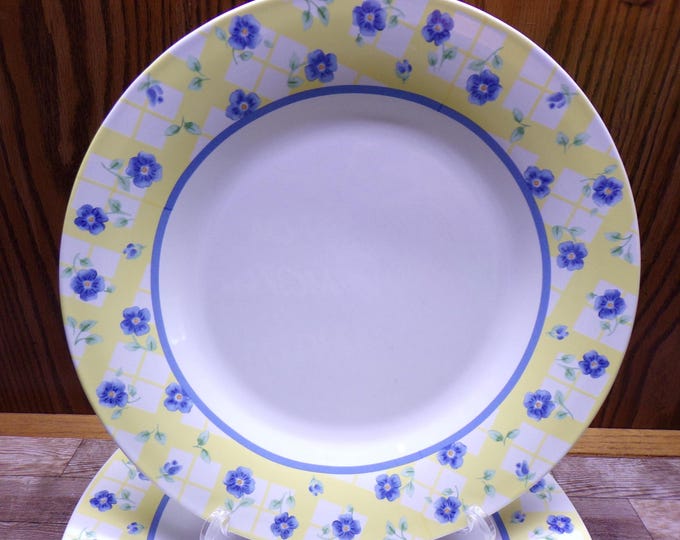 2508 Pfaltzgraff Shelby Stoneware 10.75" Dinner Plates  Set of 4 Blue Floral on Yellow White Check Made in USA - Good Condition