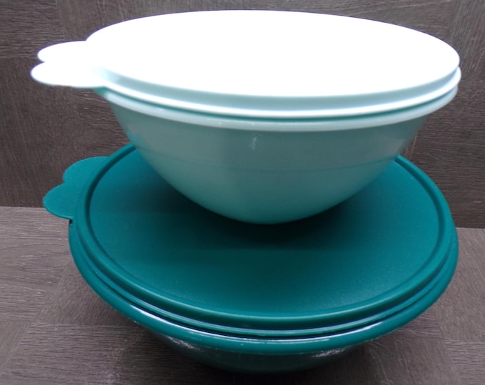 2603 Tupperware Wonderlier Pair of Containers w/ Lids 9" Teal & 7" Light Blue - Great Condition Light Scratches
