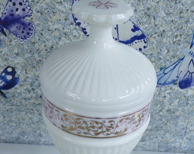 2206 Milk Glass Powder Dish Jar with Lid and Partially Worn off Gold Accent Vintage 5.5" Tall- Good Condition No Chips or Cracks