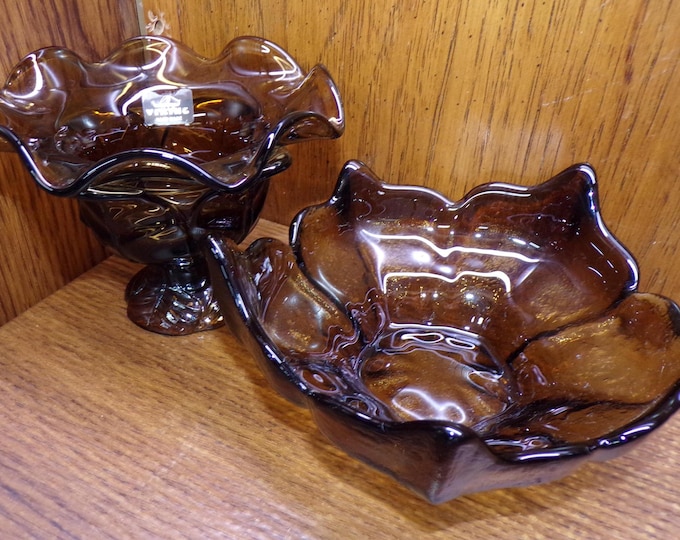 2506 Viking Glass Tawny Brown Smoke Pair- Lotus 6" Candy Bowl & 5" Cabbage Leaf Compote- Candy Bowls or Candle Holders - Great Condition