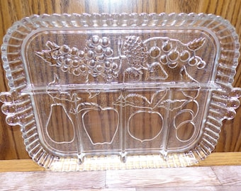 2508 Indiana Glass 12.5" Vintage Embossed Fruit Pattern Divided Dish