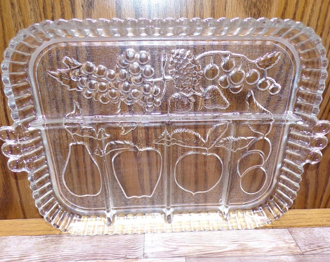 2508 Indiana Glass Embossed Fruit Pattern Rectangular Divided Dish Platter Tray Vintage 12.5" x 9" - Great Condition
