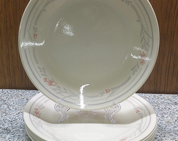 2407 Corelle Rose Pattern Vintage 6.75" Bread / Desert Plates Set of 6 Pink Rose with Gray Floral on Cream Color - Great Condition