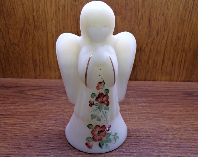 2501 Fenton Glass 6" Vintage Satin White Angel Bell (No Dinger) w/Hand-Painted Flowers Gold Trim Signed by B. Montgomery-Great Condition