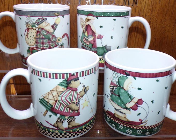2503 Sakura Sledding Characters Vintage 12 oz Mugs Set of 4 by Debbie Mumm- New in Box