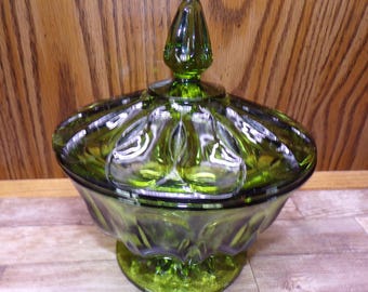 2511 Anchor Hocking Fairfield Vintage 6" Wide x 7" Tall Footed Avocado Green Candy Compote Dish & Lid - Great Condition