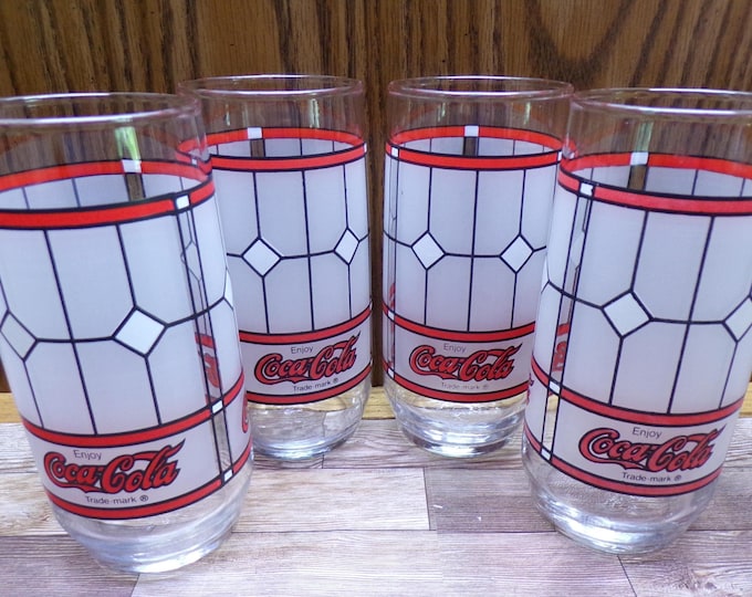 2509 Coca-Cola Coke 6" Tiffany Style Frosted Window Pane 16 oz Tumblers Set of 4 - Great Condition