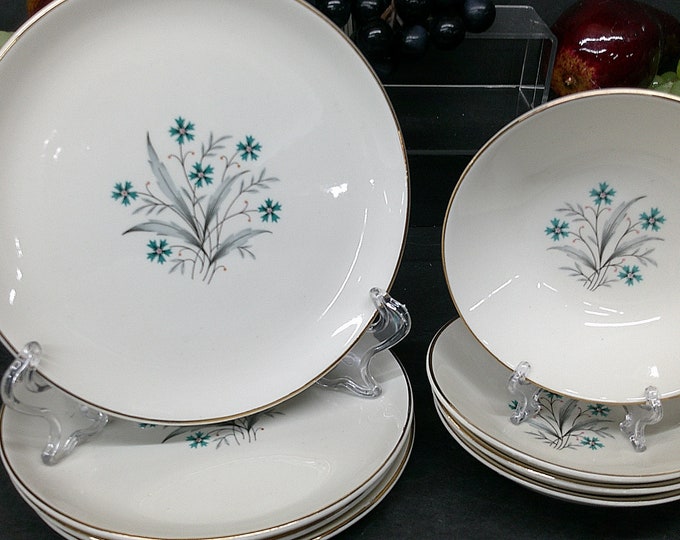 2312 SCIO Hampton Cornflower Teal w/ Gold Rim Vintage Set of 8- (4) 5.5" Berry Bowls & (4) 7.25" Snack Plates - Good Condition