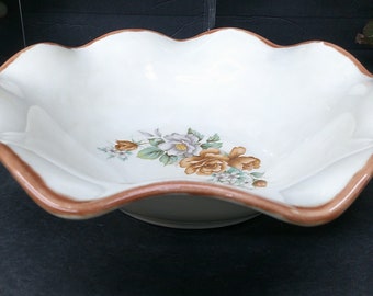 2402 Ceramic 11" Vintage Centerpiece Bowl Nutmeg Brown Rim & Floral