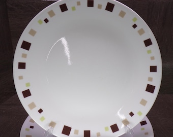 2602 Corelle Geometric Chocolate 10.25" Dinner Plates Set of 4 Vintage - Brown, Tan, Green Squares - Great Condition