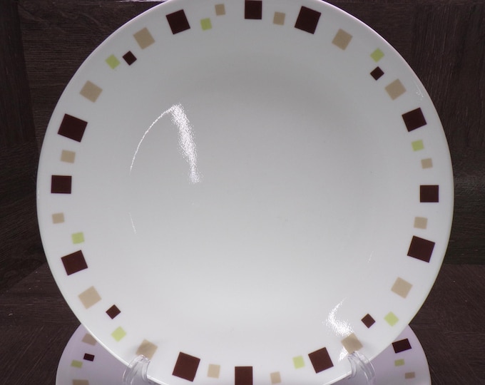 2602 Corelle Geometric Chocolate 10.25" Dinner Plates Set of 4 Vintage - Brown, Tan, Green Squares - Great Condition