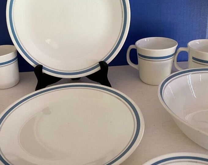 2403 Corelle Indigo Blue & Gray Band on White Great Condition Choose from List: