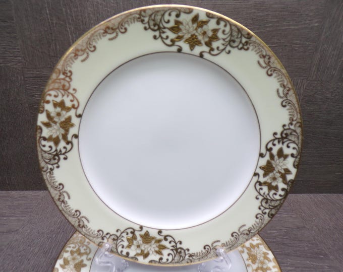 2603 Meito Vintage 1936 Hand-painted China 6.5" Bread Plates Set of 5- 22 kt Gold Flowers & Scrolls w/ Cream Rim - Great Cond. Little Wear