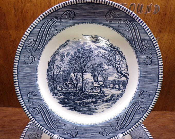 2504 Royal China USA Currier and Ives Old Grist Mill Blue 10.75" Dinner Plates Set of 4 Ironstone Dish & Micro Safe- Good Condition No Chips