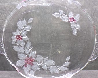 2608 Mikasa Poinsettia Holiday Bloom 13" Vintage Crystal Glass Serving Tray Platter w/ Side Handles
