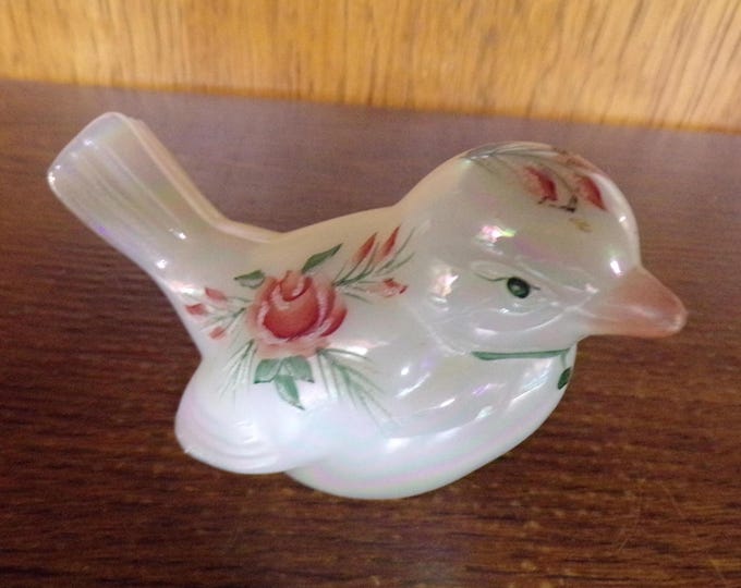 2501 Fenton Glass 4" Vintage Pearly White Sparrow Bird Hand-Painted Pink Roses Signed by D. Fredrick Fenton Stamp - Great Condition