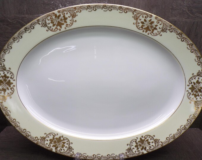 2603 Meito Vintage 1936 Hand-painted China 16.25" Oval Platter - 22 kt Gold Flowers & Scrolls w/ Cream Rim - Great Cond. Little Wear