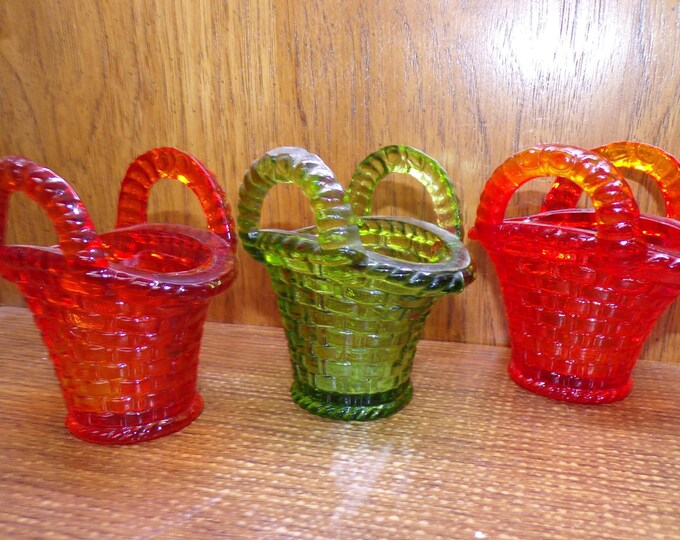 2507 Vintage Glass 4"Trinket Woven Baskets / Handbags with Handles 2 Orange and 1 Green Basket Weave - Pre-owned Great Condition