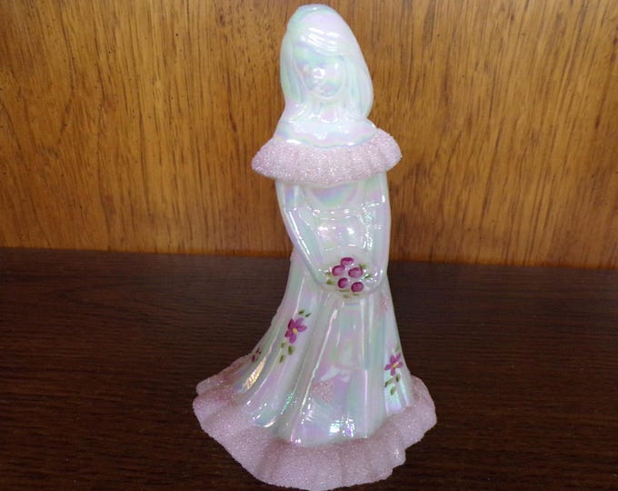 2501 Fenton Glass 7.25" Pearly White Bridesmaid w/ Hand-Painted Flowers & Pink Textured Trim - Signed N. Young and Shelley Fenton- Great
