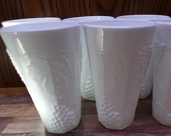 2511 Indiana Glass Colony Milk Glass 6" 12 oz Grape Harvest Vintage Tumbler Set of 6 - Great Condition