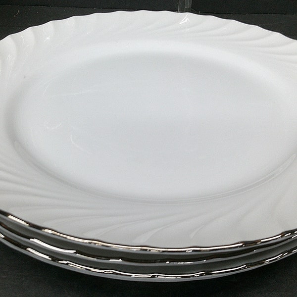 Norleans China Estate 10.5" Vintage Dinner Plates Set of 4 White Swirl Platinum Rim - Excellent Condition