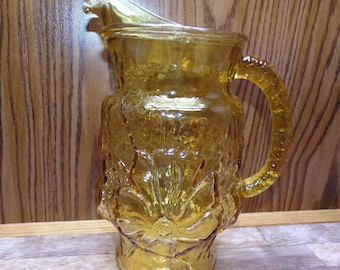 2508 Anchor Hocking Embossed Rainflower Pattern 10.5" 64oz Vintage Pitcher Amber Crinkle Glass