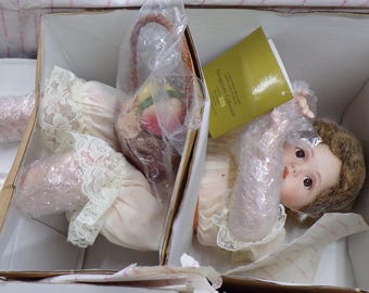 2303 Peaches 'n Cream Collectible Porcelain Doll with Bench & Basket by Ann Timmerman Vintage 1992- Good Condition - Cert. Auth.