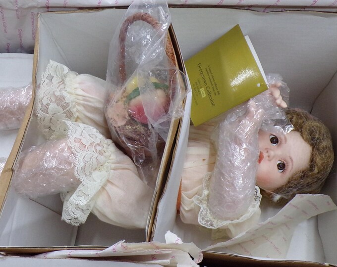 2303 Peaches 'n Cream Collectible Porcelain Doll with Bench & Basket by Ann Timmerman Vintage 1992- Good Condition - Cert. Auth.