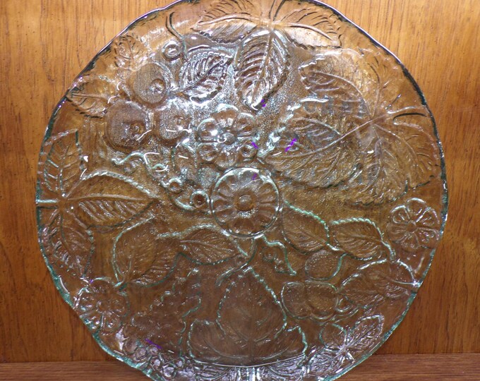 2504 Heavy Thick Spanish Green Tinted Vintage Glass 15" Platter w/ Flowers & Leaves - Great Condition