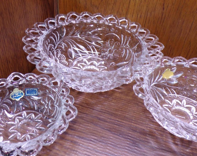 2506 Beyer Glass Company West Germany Vintage 3 Pc Lattice Edge 24% Lead Crystal Bowl Set - 9.25", 6.75" & 5.75" Bowls- Great Condition