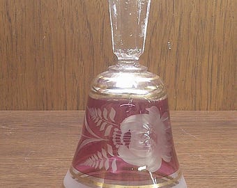 2411 Vintage Bohemian Cut to Clear Red Glass Bell, Satin Finish, Rose Pattern - Great Condition