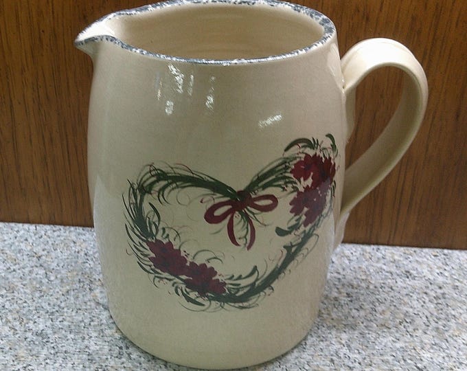 2408 Casey Pottery Burgandy Floral Heart Wreath 8" Pitcher Hand Made Pottery from Marshall Texas USA - Excellent Condition