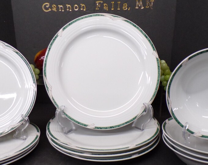 2305 Noritake Arctic Green #4090 China Vintage Set of 12 - (4) 10.5" Dinner Plates, (4) 8.25" Salad/ Lunch Plates, (4) 6.5" Bowls- Good Cond