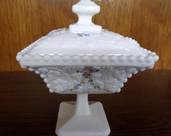 2506 Westmoreland Milk Glass 5" x 7" Footed Covered Square Beaded Rim Grape & Leaf Candy Dish w/ Hand-painted Pink Roses - Great Condition