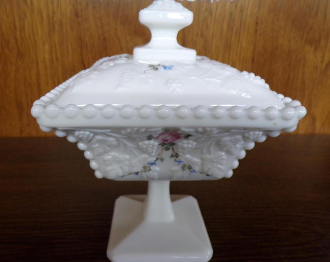 2506 Westmoreland Milk Glass 5" x 7" Footed Covered Square Beaded Rim Grape & Leaf Candy Dish w/ Hand-painted Pink Roses - Great Condition