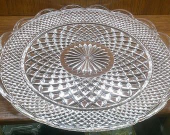 2511 Anchor Hocking Wexford Crystal 14" Beautiful Serving Tray Platter - Scalloped Rim Vintage - Great Condition