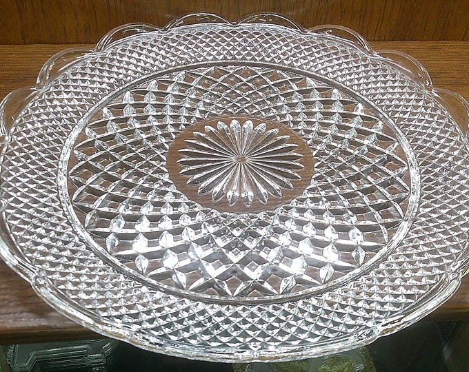2511 Anchor Hocking Wexford Crystal 14" Beautiful Serving Tray Platter - Scalloped Rim Vintage - Great Condition